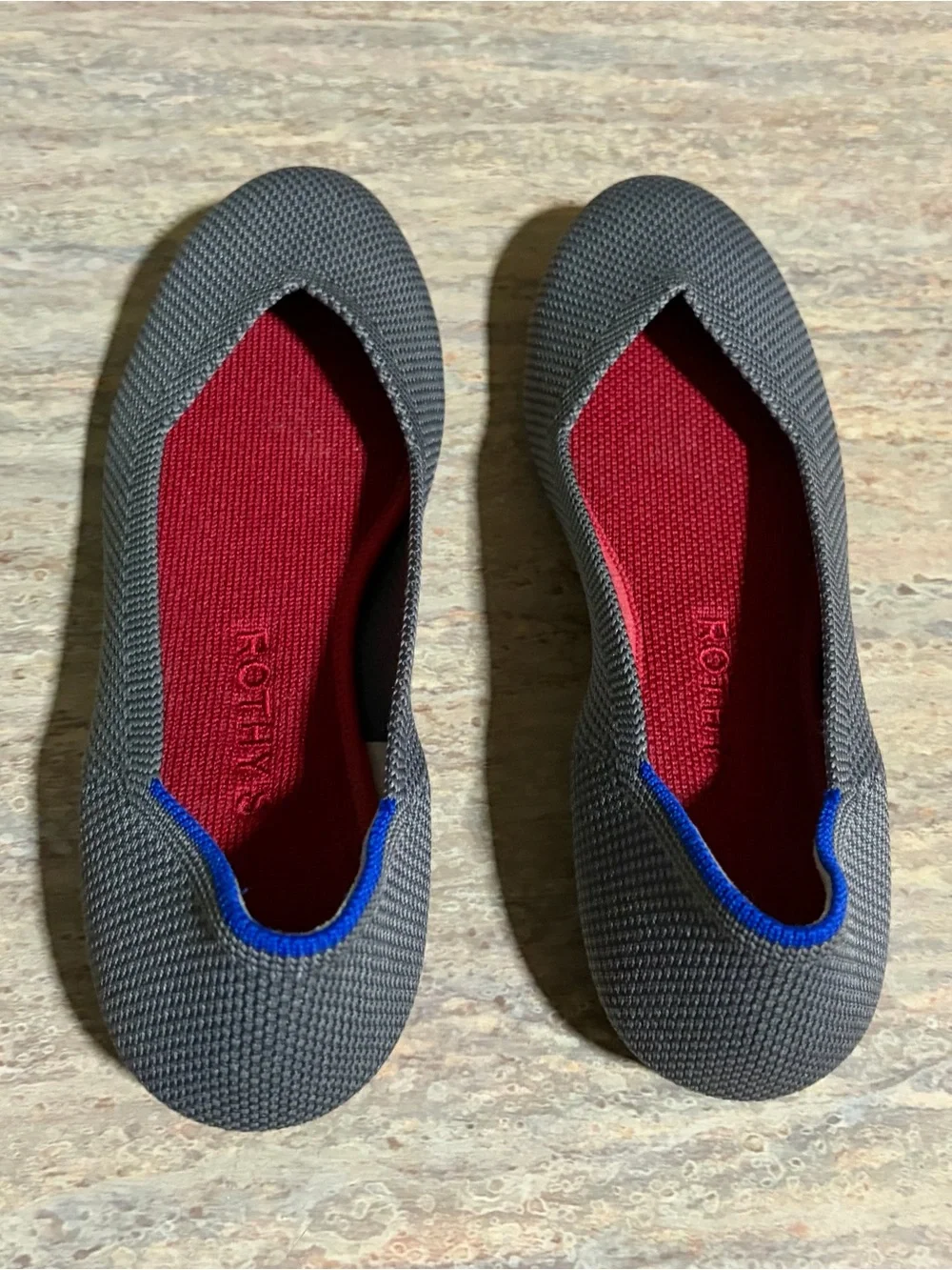 Rothy’s Grey Knit Ballet Flats with Red Insole and Blue Trim